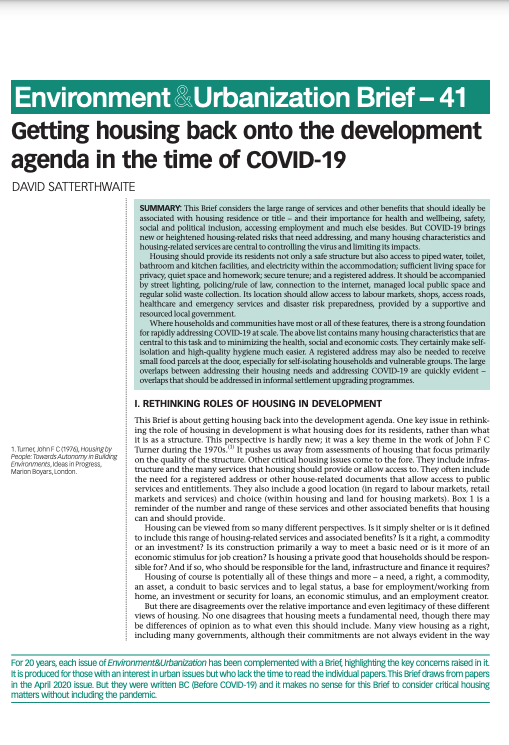 Editorial: Getting housing back onto the development agenda: the many roles of housing and the many services it should provide its in habitants