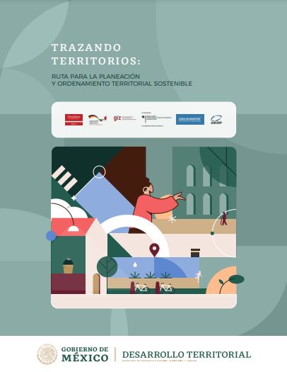 This is a screenshot of the cover of the publication Trazando Territorios in Spanish, it is a cartoon like image depicting people in a healthy, green and ordered urban environment