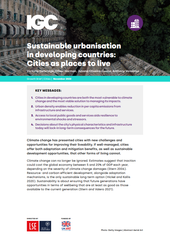 Cover &quot;Sustainable urbanisation in developing countries: Cities as places to live&quot;