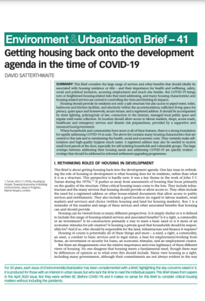 Editorial: Getting housing back onto the development agenda: the many roles of housing and the many services it should provide its in habitants Editorial: Getting housing back onto the development agenda: the many roles of housing and the many services it should provide its in habitants