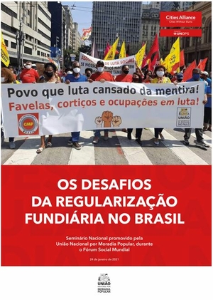 The Challenges of Land Regularization in Brazil publication in Portuguse, this is the cover, it depicts a social mouvement demonstration.