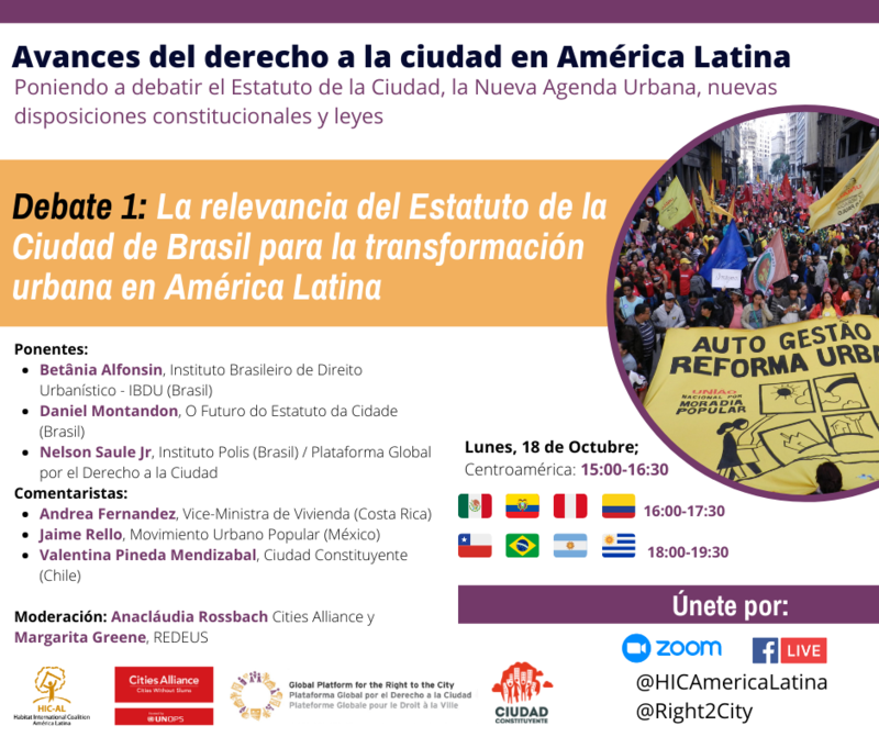 ES - Debate 1/4 about the Right to the City in Latin America 2021 This flyer in Spanish indicates the programme of the first webinar organized by the partners, it inclused a picture of social movements demonstrations in LA and the logo of the institutions.