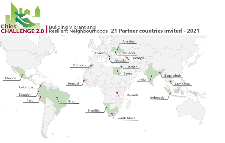 This is a map of the world indicating the countries that have been invited to participate in the Cities Challenge 2.0 in 2021