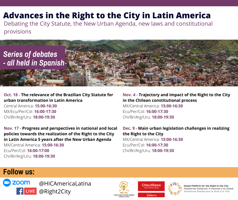 This flyer shows an overview of the series of debates about the right to the city in latin america, 2021